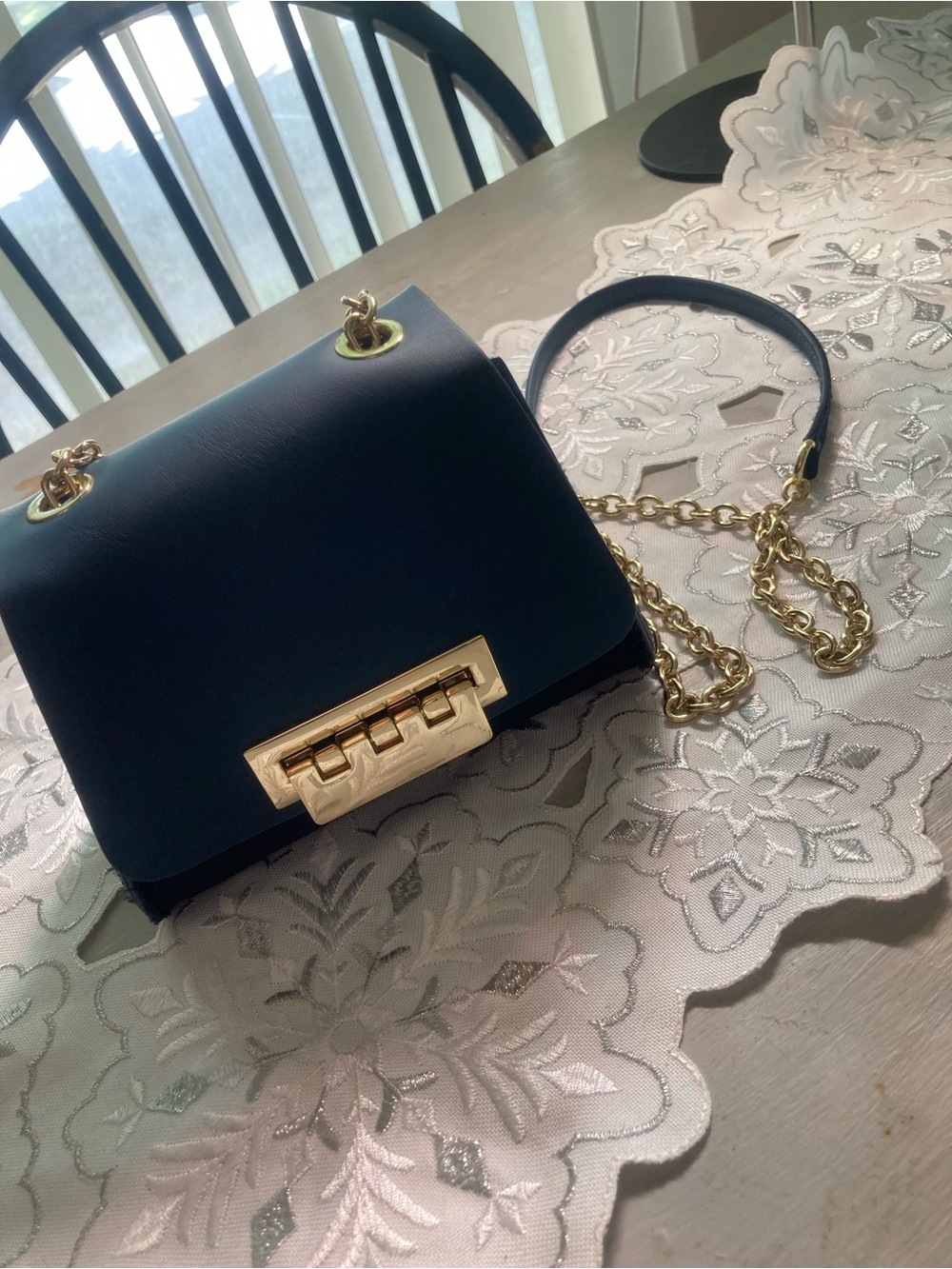 ZAC Zac Posen Navy Velvet Crossbody with Gold Chain Strap